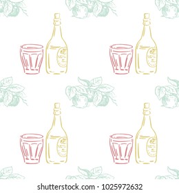 Vector colorful seamless pattern with apples on a branch, bottles and glasses. Perfect for wallpapers, surface textures, textile, wrapping papers and more creative designs. Hand-drawn illustration.