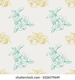Vector colorful seamless pattern with apples on a branch and glasses. Perfect for surface textures, textile, wrapping papers and more creative designs. Digital illustration in yellow and mint.