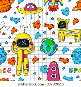 Vector colorful seamless pattern of astronaut, planets, ufo, rocket, cosmo cat and asteroids on white background.