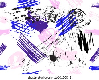 Vector colorful seamless pattern with brush strokes. Artistic, modern, creative, fashion design. For print, digital paper, textile, fabric, hand drawn dry ink grunge textures.