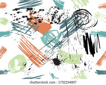 Vector colorful seamless pattern with brush strokes. Artistic, modern, creative, fashion design. Rainbow color on white background.