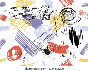 Vector colorful seamless pattern with brush strokes. Summer fantasy. For print, digital paper, textile, fabric, hand drawn dry ink grunge textures.