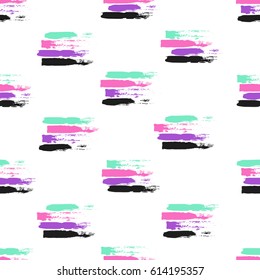 Vector colorful seamless pattern with brush strokes . Pink violet black blue color on white background. Hand painted grange texture. Ink geometric elements. Fashion modern style. Retro print