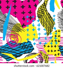 Vector colorful seamless pattern with brush strokes and cross. Pink blue yellow black color on white background. Hand painted grange texture. Ink geometric elements. Fashion modern style. bright.