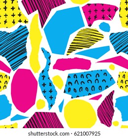 Vector colorful seamless pattern with brush strokes and cross. Pink blue yellow black color on white background. Hand painted grange texture. Ink geometric elements. Fashion modern style. bright.