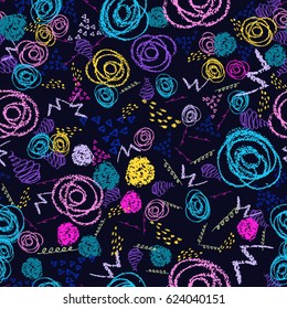 Vector colorful seamless pattern with brush strokes and circles. Pink blue yellow green color on black background. Hand painted grange texture Ink round elements Fashion modern style. Fantasy chaotic.