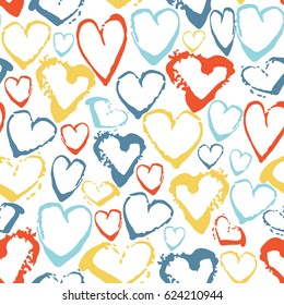 Vector colorful seamless pattern with brush strokes hearts. Summer fantasy . Rainbow color on white background. Hand painted grange texture. Ink love elements. Fashion modern style. Unusual chaotic