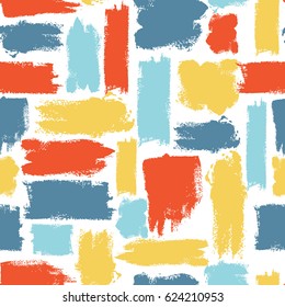 Vector colorful seamless pattern with brush strokes. Summer fantasy . Rainbow color on white background. Hand painted grange texture. Ink geometric elements. Fashion modern style. Unusual .