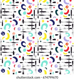 Vector colorful seamless pattern with brush dots, strokes, circles and strokes. Rainbow color on white background. Hand painted grange texture. Ink geometric elements. School modern style. Summer