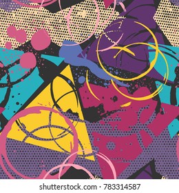 Vector colorful seamless pattern with brush strokes and triangles. Pink blue yellow color on dark background. Hand painted grange texture. Ink geometric elements. Fashion modern style. Unusual bright