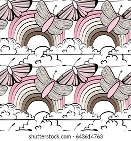 Vector colorful seamless pattern with butterfly,  
rainbow and clouds. Magic miracle background for 
textile, fabric, wallpaper, scrapbook.
