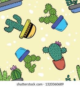 Vector colorful seamless pattern with cacti. Cactus on beige cute background. Wallpaper and textile idea. Wrapping paper design. Good for printing.
