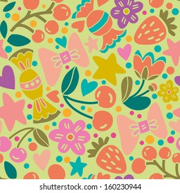 Vector colorful seamless pattern with candies, berries, flowers, hearts and stars.