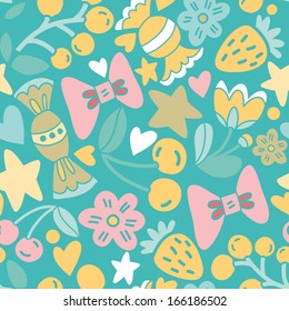 Vector colorful seamless pattern with candies, berries, flowers, hearts and stars.