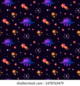 Vector Colorful Seamless Pattern with Cartoon Rockets, Planets, Stars, Spaceship, Comets and UFOs. Perfect for kids design, fabric, wrapping, wallpaper, textile, apparel.
