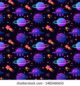 Vector Colorful Seamless Pattern with Cartoon Rockets, Planets, Stars, Spaceship, Comets and UFOs. Perfect for kids design, fabric, wrapping, wallpaper, textile, apparel.