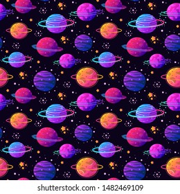 Vector Colorful Seamless Pattern with Cartoon Rockets, Planets, Stars, Spaceship, Comets and UFOs. Perfect for kids design, fabric, wrapping, wallpaper, textile, apparel.