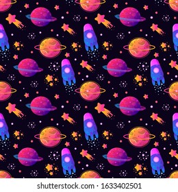 Vector Colorful Seamless Pattern with Cartoon Rockets, Planets, Stars, Spaceship, Comets and UFOs. Perfect for kids design, fabric, wrapping, wallpaper, textile, apparel.