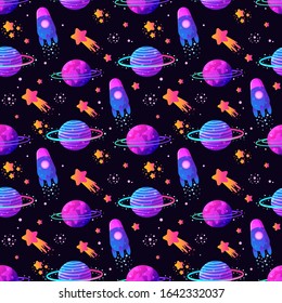 Vector Colorful Seamless Pattern with Cartoon Rockets, Planets, Stars, Spaceship, Comets and UFOs. Perfect for kids design, fabric, wrapping, wallpaper, textile, apparel.