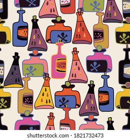 Vector colorful seamless pattern of cartoon stylised alchemic bottles and tubes on white background. The design is perfect for textiles, surfaces, cloths, wrapping paper, wallpaper, packaging