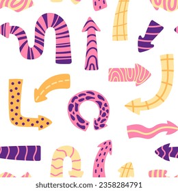Vector colorful seamless pattern with cartoon playful arrows in trendy style. Abstract dynamic arrow pointers on white background. Texture arrows seamless pattern. Funny wrapping design.