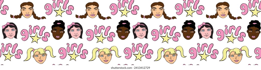 Vector colorful seamless pattern with cartoon faces, heads of women, girls. Friendship theme, girls power. Childish, girlish fun cute texture backdrop.