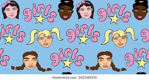 Vector colorful seamless pattern with cartoon faces, heads of women, girls. Friendship theme, girls power. Childish, girlish fun cute texture backdrop.