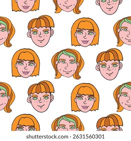 Vector colorful seamless pattern with cartoon faces, heads of kids, boys and girls. Childish fun cute texture backdrop. Hand drawn color bright illustration. Irish Redhead Convention