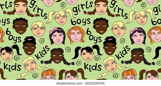 Vector colorful seamless pattern with cartoon faces, heads of kids, boys and girls. Friendship theme. Childish fun cute texture backdrop. Hand drawn color bright illustrations, clip arts.