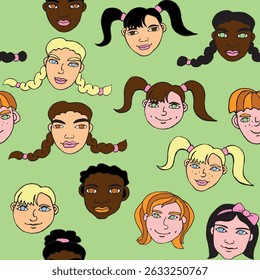 Vector colorful seamless pattern with cartoon faces, heads of kids, boys and girls. Friendship theme. Childish fun cute texture backdrop. Hand drawn color bright illustrations, clip arts.