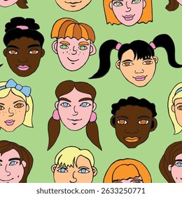 Vector colorful seamless pattern with cartoon faces, heads of kids, boys and girls. Friendship theme. Childish fun cute texture backdrop. Hand drawn color bright illustrations, clip arts.