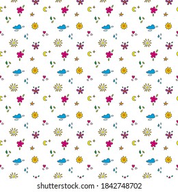 Vector colorful seamless pattern for children with the image of sky, sun, clouds, flowers, hearts, stars, raindrops. Design for wrapping paper, textiles, fabrics, souvenirs, packaging, card