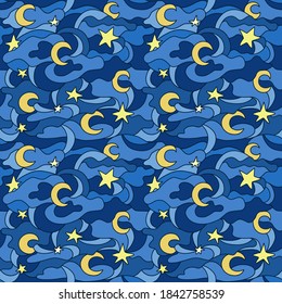 Patrón velero colorido para niños con la imagen del cielo, la luna, las nubes, las estrellas. Diseño para envolver papel, textiles, telas, souvenirs, embalaje, tarjeta, estampados de moda.