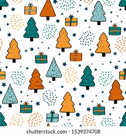Vector colorful seamless pattern with christmas trees, snowflakes, fireworks and gift boxes