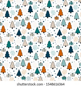 Vector colorful seamless pattern with christmas trees, snowflakes, fireworks and gift boxes	