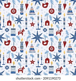 Vector colorful seamless pattern with christmas tree decorations and candles in scandinavian folk style. Perfect for  fabric and wrapping paper.