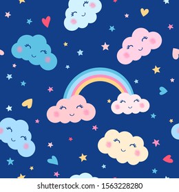 Vector colorful seamless pattern with cute smiling sleeping clouds, rainbow, hearts and stars. Night sky cartoon doodles on blue background 