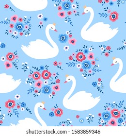 Vector colorful seamless pattern with cute cartoon swan princess birds and flowers. Fantasy lake illustration on blue background 
