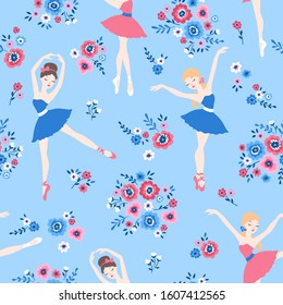 Vector colorful seamless pattern with cute cartoon ballerinas in tutu dresses and flowers. Ballet dance illustration on blue background