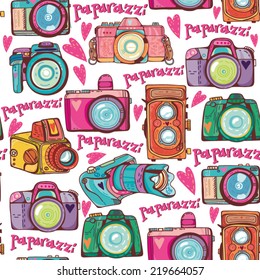 Vector colorful seamless pattern with cute retro cameras.