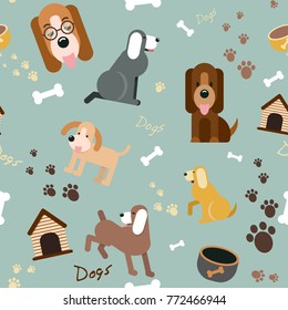 Vector colorful seamless pattern with cute flat cartoon dogs and objects. Background, wallpaper, fabric and for other design