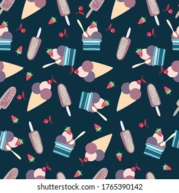 Vector colorful seamless pattern decorative summer design with ice cream in cones, sundae and popsicles with strawberries. Perfect for backgrounds, decorations, packaging, wrapping paper, textiles.