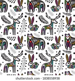 Vector colorful seamless pattern. Dia de los Muertos, Day of the dead or Halloween concept. Moose, rabbit, and bear. Forest animals skeletons, with floral design, isolated on white background