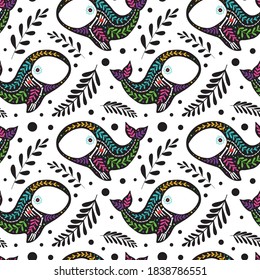 Vector colorful seamless pattern. Dia de los Muertos, Day of the dead or Halloween concept. Whale skeletons with floral design, isolated on white background