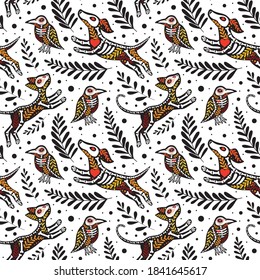 Vector colorful seamless pattern. Dia de los Muertos, Day of the dead or Halloween concept. Flying cat, dog and raven. Forest animals skeletons, with floral design, isolated on white background