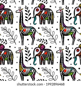 Vector colorful seamless pattern. Dia de los Muertos, Day of the dead or Halloween concept. Giraffe and elephant. Savannah animals skeletons, with leaves, isolated on white background