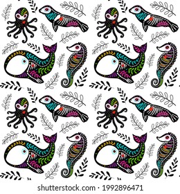 Vector colorful seamless pattern. Dia de los Muertos, Day of the dead or Halloween concept. Sea horse, octopus, whale and seal. Sea dwellers skeletons, with leaves, isolated on white background