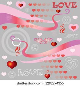 Vector colorful seamless pattern with different colorful elements in hearts shape, hearts and curl decorative elements isolated on grey background. Romantic image for art and design. Valentines day.