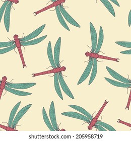 Vector colorful seamless pattern with dragonfly