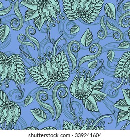 Vector colorful seamless pattern. Ethnic retro design in zentangle style with floral elements